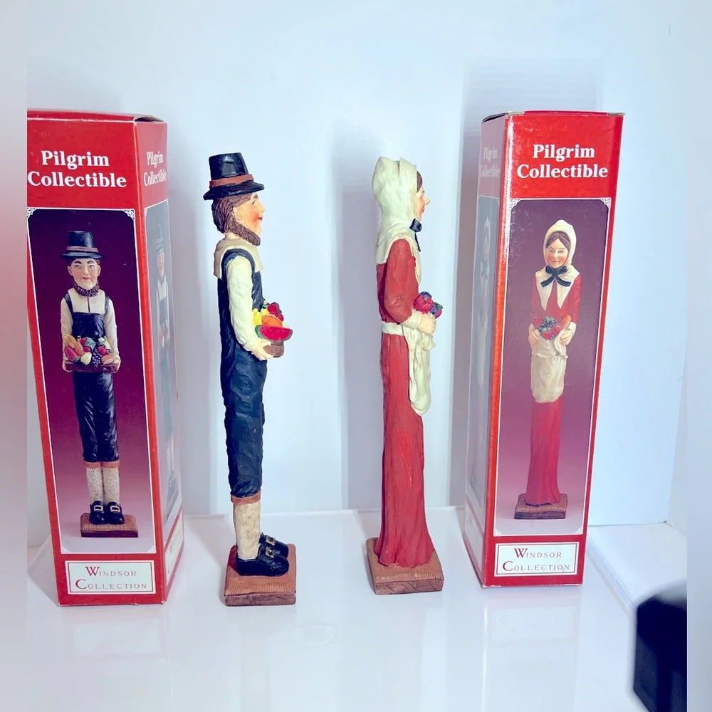 Vintage Thanksgiving Decor Featuring a Set of Pilgrim Figurines Carrying Fruit.